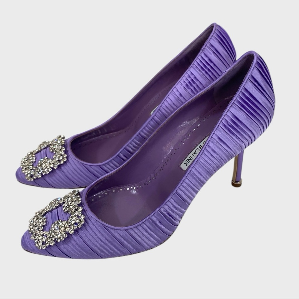 Manolo Blahnik New in Box Hangisi Purple Pleated Satin Pumps Size 39 1/2 - Picture 2 of 12